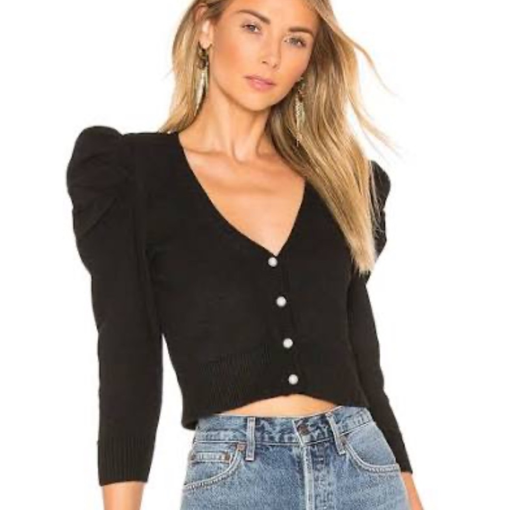 Majorelle Puff Sleeve Cropped Cardigan with Pearl Buttons
